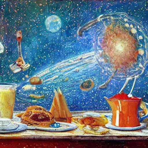 Prompt: impressionism painting American Breakfast in space drawn by Alan Bean