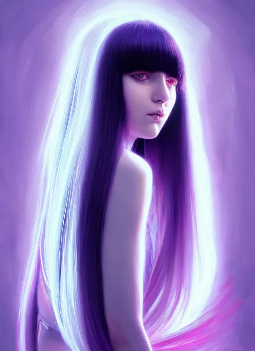 Image similar to hair whitebangs hair, white hair, whitebangsblackhair, portrait of teenage girl with white bangs, red irises, purple clothes, intricate, elegant, glowing lights, highly detailed, digital painting, artstation, concept art, sharp focus, illustration, art by wlop, mars ravelo and greg rutkowski