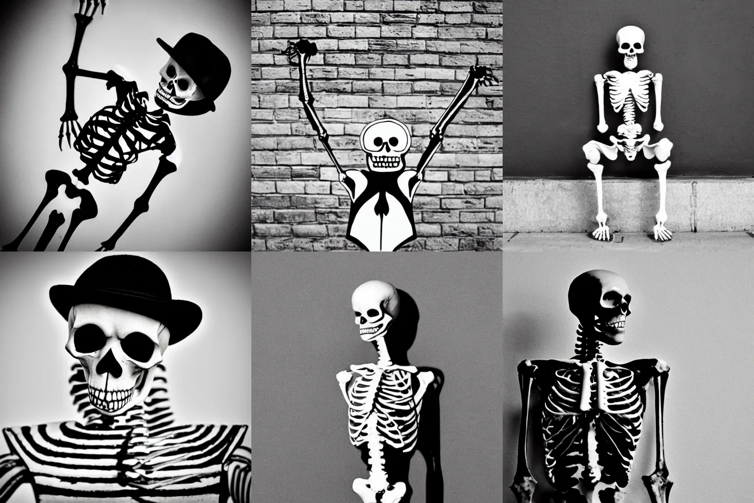 Prompt: a hipster skeleton posing, black and white