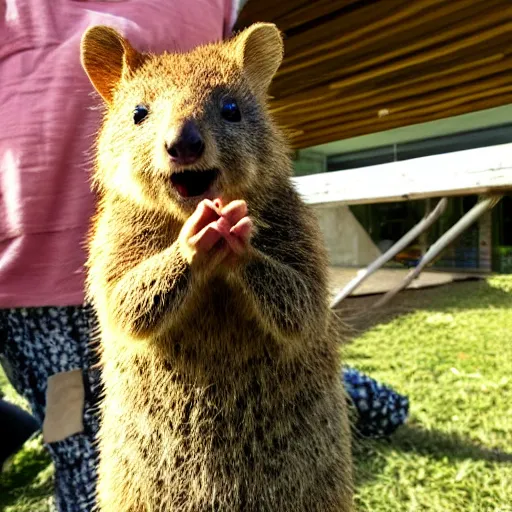 Prompt: A happy quokka flipping off the photographer