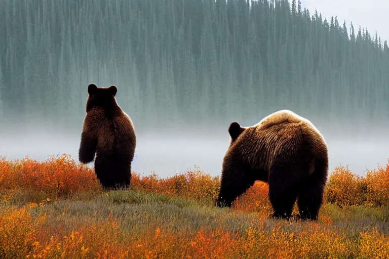 Image similar to back of bob ross riding on the back of brown bear in alaska at fall season, outdoor lighting, realistic, photo, national geographic photo, volumetric, fog