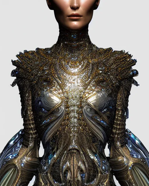 Image similar to a highly detailed metahuman 4 k close up render of an alien goddess bella hadid as alien in iris van herpen dress schiaparelli in diamonds crystals swarovski and jewelry iridescent in style of alphonse mucha gustav klimt trending on artstation made in unreal engine 4