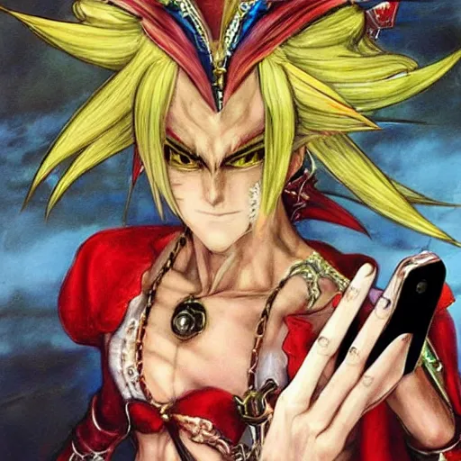 Prompt: kefka palazzo using a smartphone!!!!!!!!!!! by yoshitaka amano, concept art