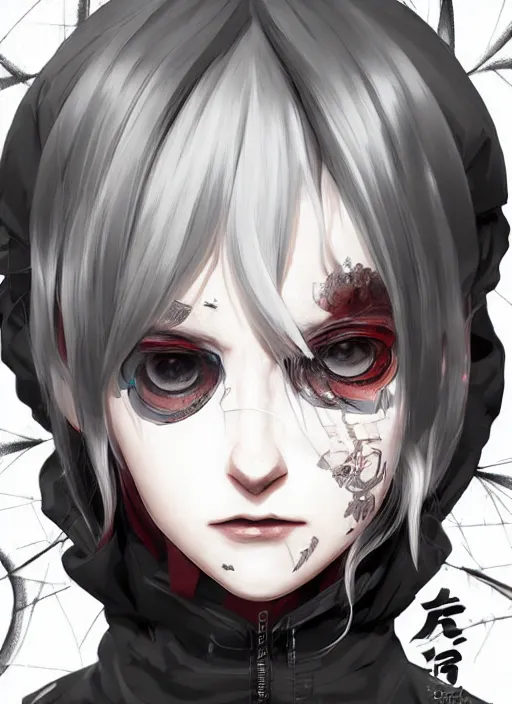 Prompt: techwear occultist, white hair home cut red eyes, by kyoto animation, chaos magick, leviathan cross, androgynous, beautiful, detailed symmetrical close up portrait, intricate complexity, in the style of artgerm and ilya kuvshinov, cel shaded