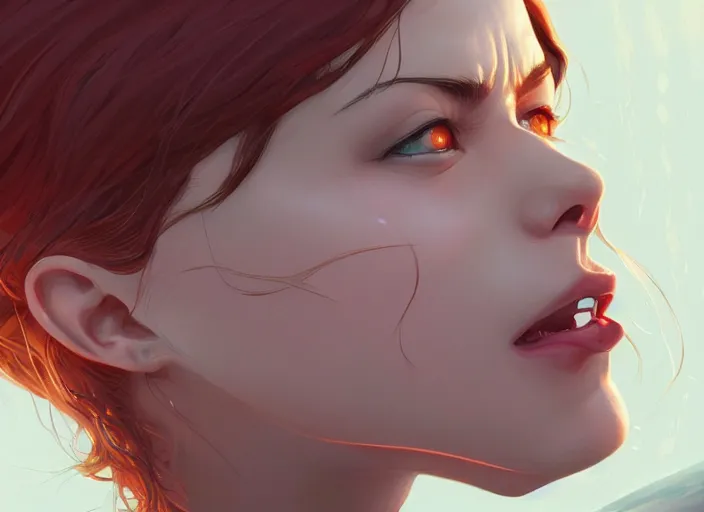 Image similar to wide open wife mouth, close - up, cry, defiant, full lips, light effect, hyper detailed, intricate, elegant, highly detailed, digital painting, artstation, concept art, matte, sharp focus, illustration, by dan mumford, yusuke murata, makoto shinkai, ross tran