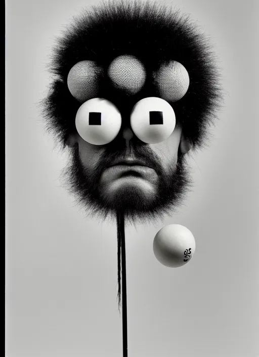 Image similar to realistic object photo of head made of black and white ping pong balls, hairy fluffy caterpillars, readymade, dadaism, fluxus, man ray, x - ray, electronic microscope 1 9 9 0, life magazine photo