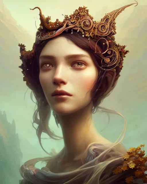 Prompt: song of the wind, detailed beauty portrait, chocolate. tiara, intricate background, fantasy art by peter mohrbacher, greg rutkowski, craig mullins, ruan jia, thomas kinkade, victo ngai. unreal engine, blender, octane, ray tracing. fractal crystal, sharp focus, masterpiece, post processing, deviantart