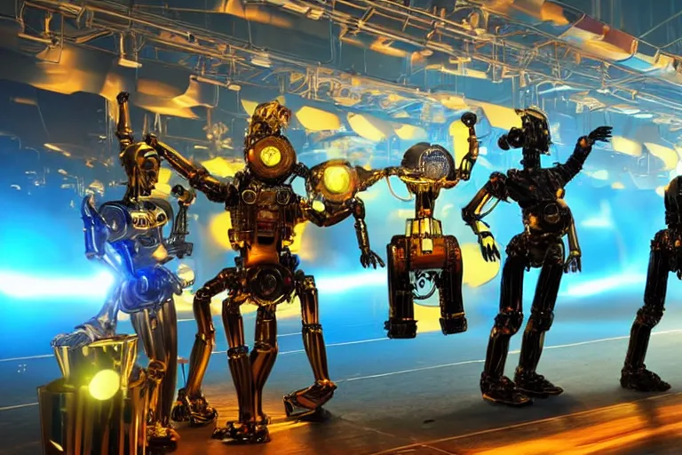 Image similar to scene from the voice of america, on stage are 4 golden and blue metal humanoid steampunk robots dancing, robots are wearing and gears and tubes, eyes are glowing red lightbulbs, shiny crisp finish, 3 d render, 8 k, insaneley detailed, fluorescent colors, nightlight