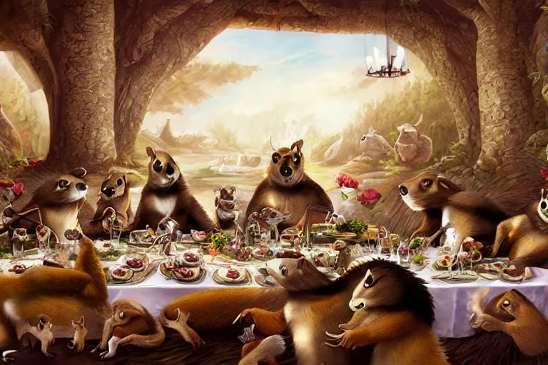 Prompt: badgers and weasels in a banquet hall having a feast together as friends, fantasy art, furry art, artastation, 4k