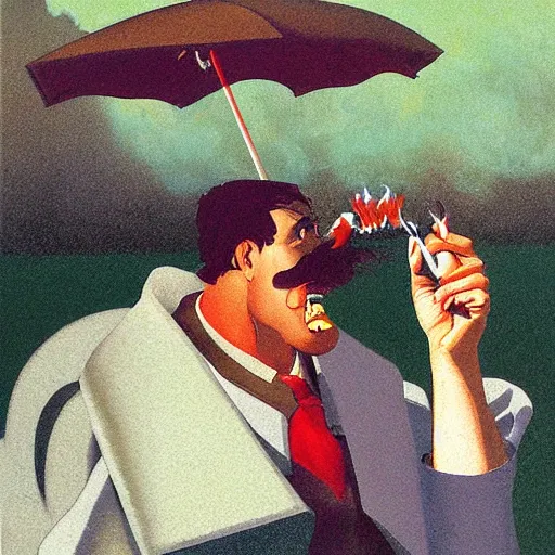 Image similar to a hamburger smoking a cigarette, high detail, fantasy illustration by angus mcbride