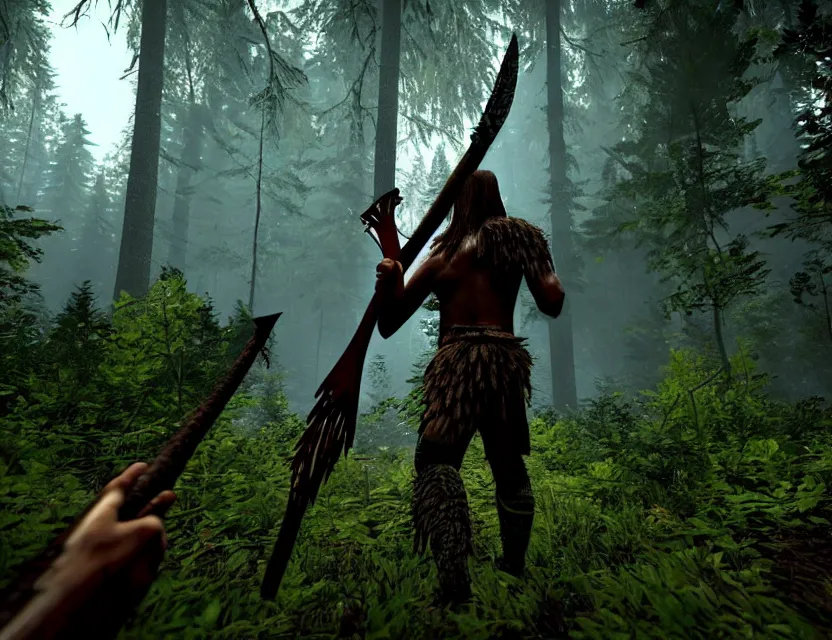 Prompt: a the forest game screenshot with one tribal enemy in the middle of the screenshot the player is holding a axe ultra realistic