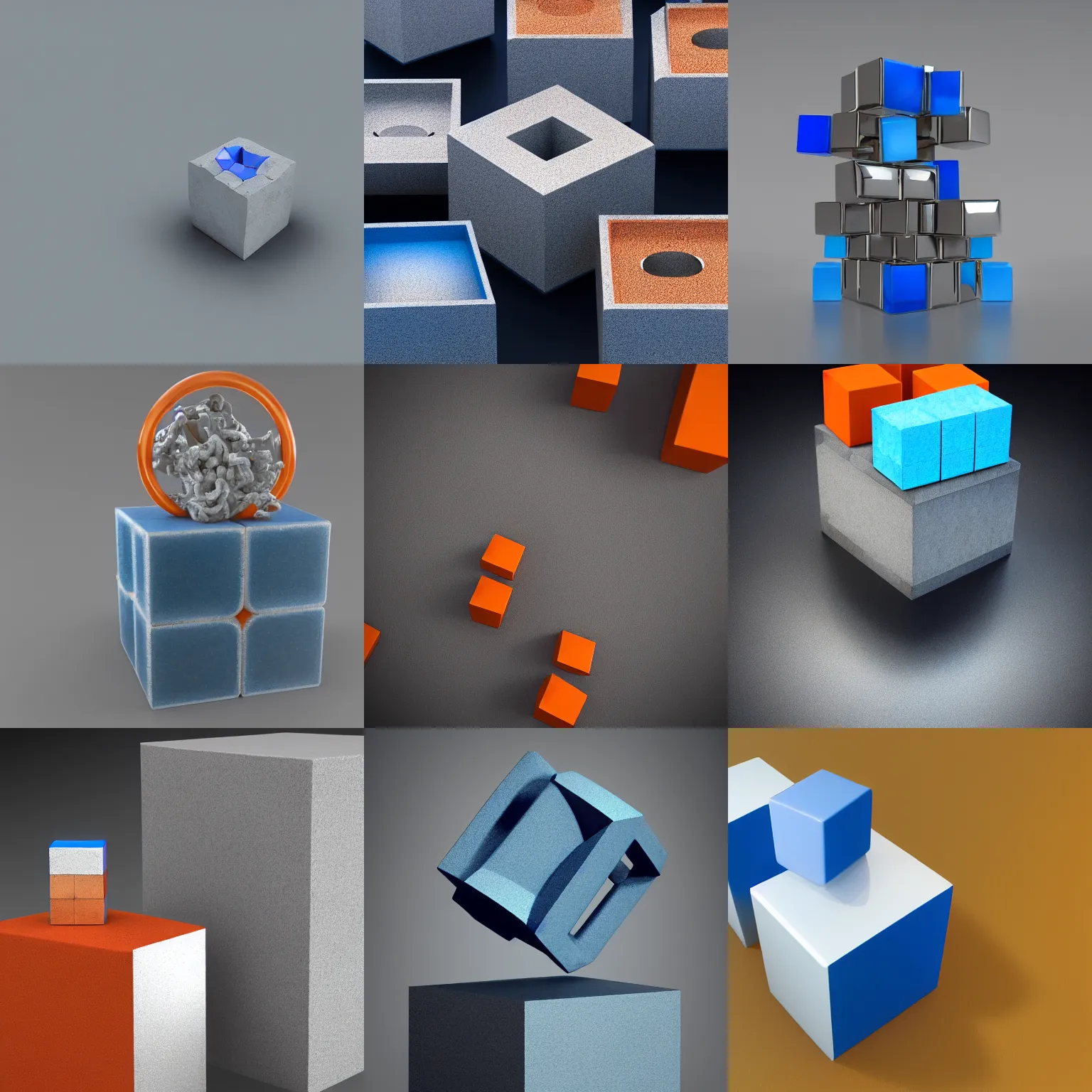 Prompt: statue of a cubes and rings, 8 8 8 8, sandstone, glass, silver, blue!! with orange details, 8 8 8 8, studio photo, studio lights, octane render