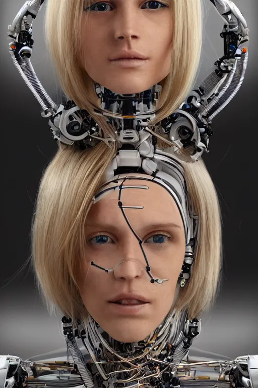 Image similar to robot with human face, female head, full body angle, woman human face, human face realistic, beautiful blonde hair, human head, human head with blonde hair, blonde hair human head, blonde hair, human realistic face, human head skin, cyborg frame concept, cyborg by ales-kotnik, sci-fi android female, the body is made of wires, robotic body, cyborg body, cyborg bust body, robot body cyborg, full body
