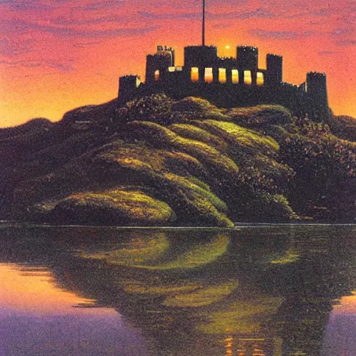Prompt: fortress on a hill in a lake at night, Darrell k sweet