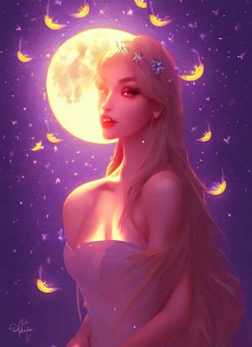Prompt: queen of the night surrounded by fireflies with the fullmoon in the background, highly detailed, artgerm style, artstation, soft light, sharp focus, illustration, character design, concept art