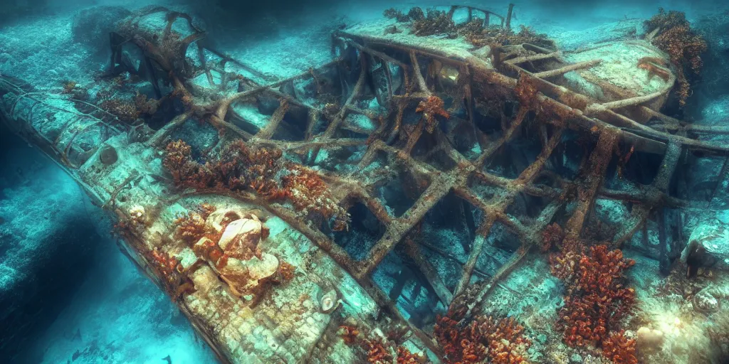 Prompt: a underwater ship ruins covered by corals, godrays, epic image, path traced, shipwreck, hyperrealistic, concept art, octane render, unreal engine 5, some fish, centered, symmetrical, low contrast, cinematic, soft lighting, high coherence, digital painting, masterpiece, digital art, serene scenery, old, elegant