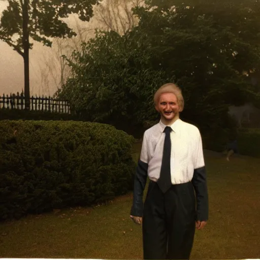 Image similar to an old unclear color-faded photo captured by accident in 1990s about a catman in hotel clerk uniform walk around in a 18th century style garden and smile to the camera, foggy weather atmosphere, spotlight