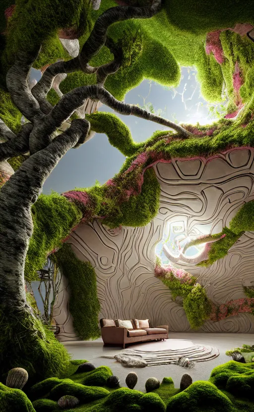 Image similar to highly detailed villa natural beautiful light interior soft cinematic composition of a smooth ceramic porcelain biomorphic magnolia stone nebula fluid sci - fi surreal colorful architecture landscape, furniture, granite, trees, marble, moss, lichen, fungi, vincent callebaut composition, mamou - mani, archviz, 8 k, unreal engine, hdr