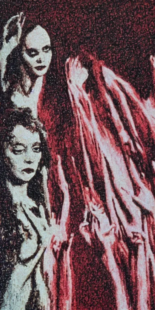 Image similar to a film still of suspiria from argento, impressionism, pointillism, detailed