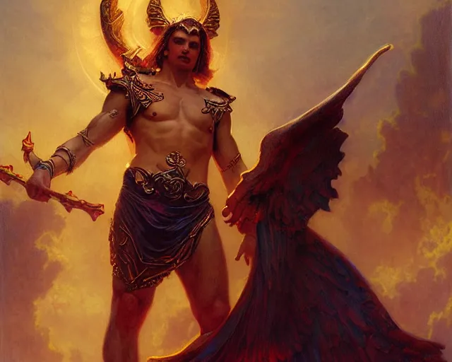 Image similar to attractive male deity, casting demonic magic, summoning handsome lucifer morning star. highly detailed painting by gaston bussiere, craig mullins, j. c. leyendecker 8 k