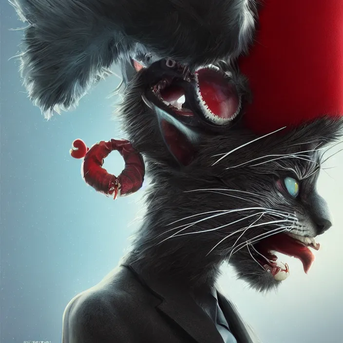 Prompt: complex 3 d render, hyper detailed, ultra sharp, vampire cat in the hat, scary, cute, cinematic, head and shoulders, steampunk, natural soft light, rim light, octane render, artstation, art by artgerm and greg rutkowski and alberto seveso, dr seuss