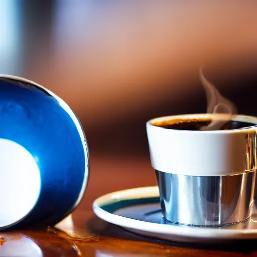 Prompt: chrome ball hitting a white cup of coffee over a pinball table, coffee cup