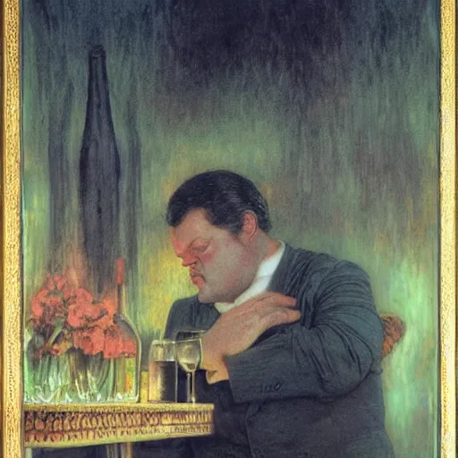 Prompt: orson welles drunk serving paul masson wine, melancholy, mysterious, dark, concept art, sharp focus, illustration, by delphin enjolras, by carlos schwabe, by gustave dore