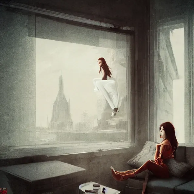 Image similar to window, woman, buildings, surprise, scared, couch by wlop, artgerm, greg rutkowski, evocative, highly detailed