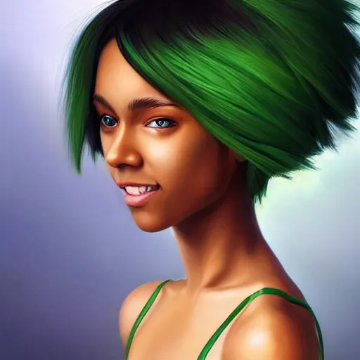 Image similar to a green haired teenager, blue eyes, brown skin, cheeky smile, deep focus, elegant, digital painting, smooth, sharp focus, golden ratio, illustration, ultra realistic, 8 k, art by artgerm and caravaggio