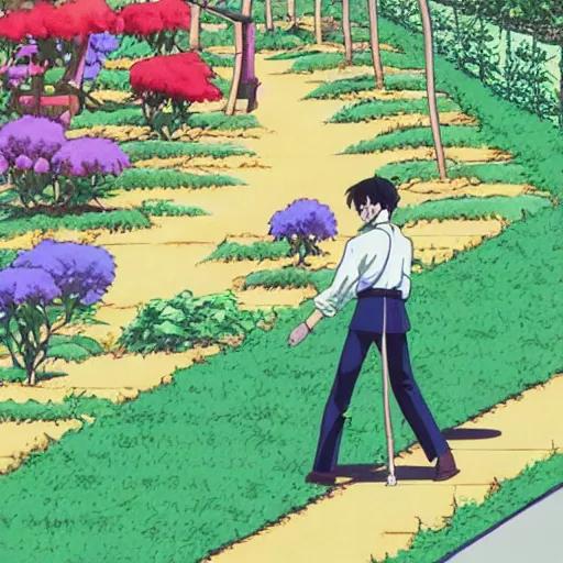 Image similar to salary man tending to his garden before going to work, directed by beat takeshi, visual novel cg, 8 0 s anime vibe, kimagure orange road, maison ikkoku, sketch by osamu tezuka, directed by makoto shinkai and beat takeshi