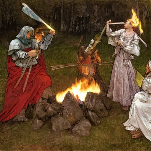 Image similar to a painting of medieval knights toasting marshmallows around the campfire in the style of howard pyle, arthur rackham, alphonse mucha. volumetric lighting. 8 k resolution. best detail. trending on artstation trending on deviantart