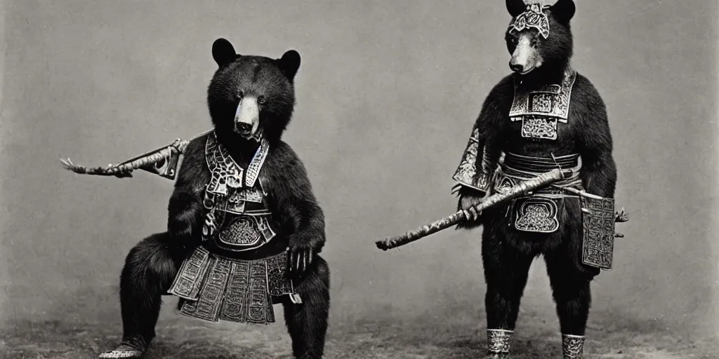 Prompt: anthropomorphic asian black bear in full samurai armor, 1900s photo