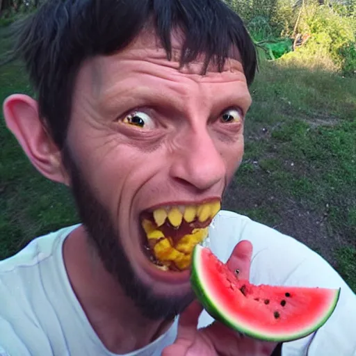 Prompt: Gollum eating watermelon, action, go pro