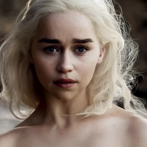 Image similar to a beautiful close - up shop of emilia clarke as daenerys targarien, beautiful natural light failling on her face, golden hour, by annie leibowitz