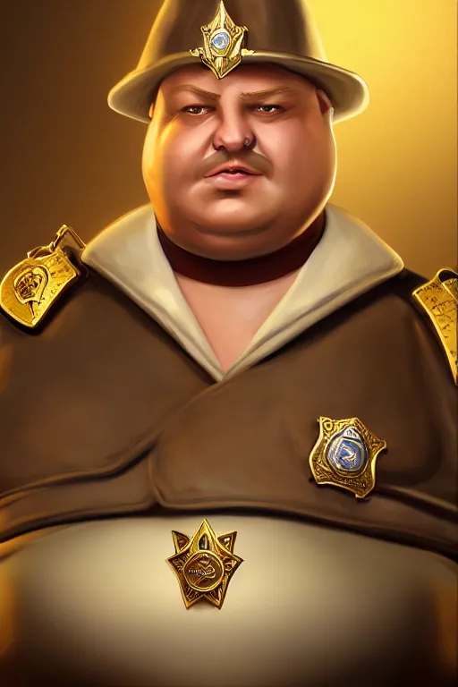 Image similar to fat high elf mall cop with a sheriff's badge, they are shifty and incompetent, Oil Painting, hyperrealistic, Detailed Digital Art, RPG portrait, 3/4 bust, dynamic lighting, Highly Detailed, Cinematic Lighting, 8k, HD