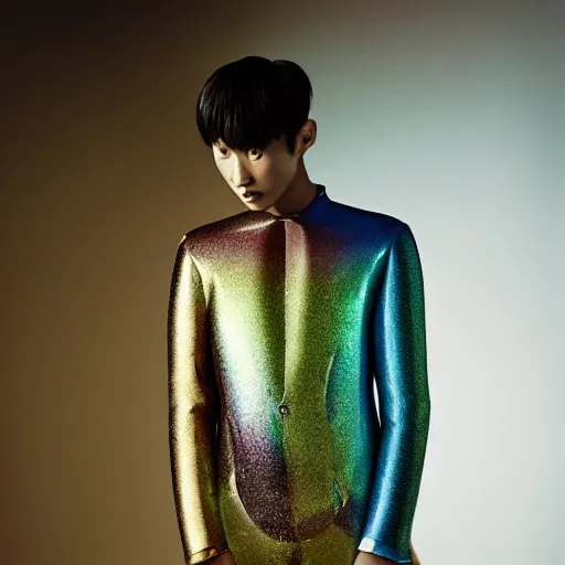 Prompt: a giant iridescent soap bubble in front of a beautiful athletic slim young korean male dressed by alexander mcqueen, photographed by erwin olaf for an art gallery