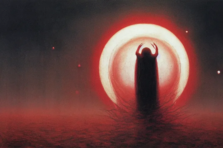 Image similar to people activate behelit in the middle of eclipse, human sacrifice , Old testament angel, dark sky, red cloud, sea of blood, beksinski