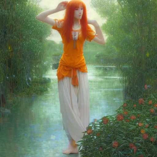 Image similar to A young woman with orange long hair and bangs in shorts and white shirt drawn by Donato Giancola and Makoto Shinkai, Edmund Leighton, Alphonse Mucha, background by James Jean and Gustav Klimt, 4k, porcelain skin, volumetric lighting, french nouveau, trending on artstation, octane render, hyperrealistic