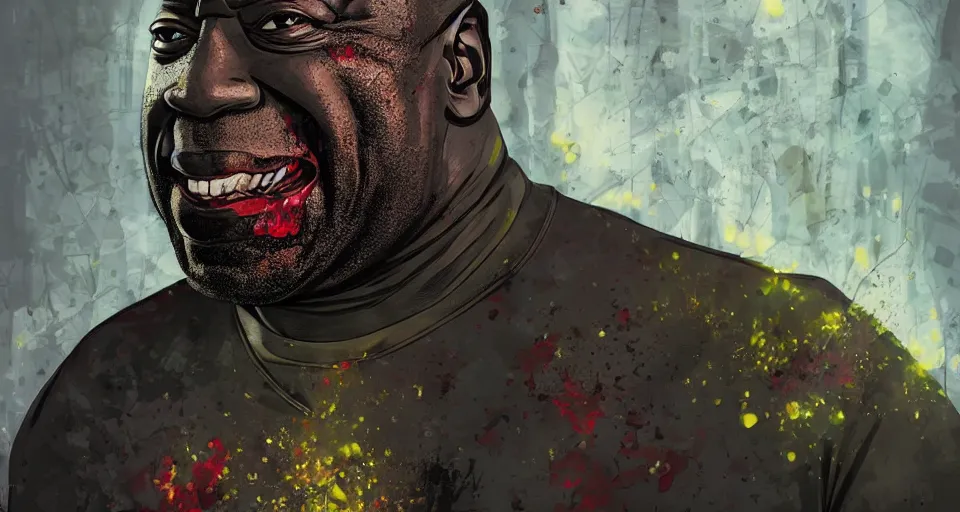 Image similar to angry zombie portrait of michael clarke duncan, an urban background szene, grimdark horror, stylized digital illustration, radiating a glowing aura, global illumination, ray tracing, hdr, fanart arstation by ian pesty and katarzyna bek - chmiel