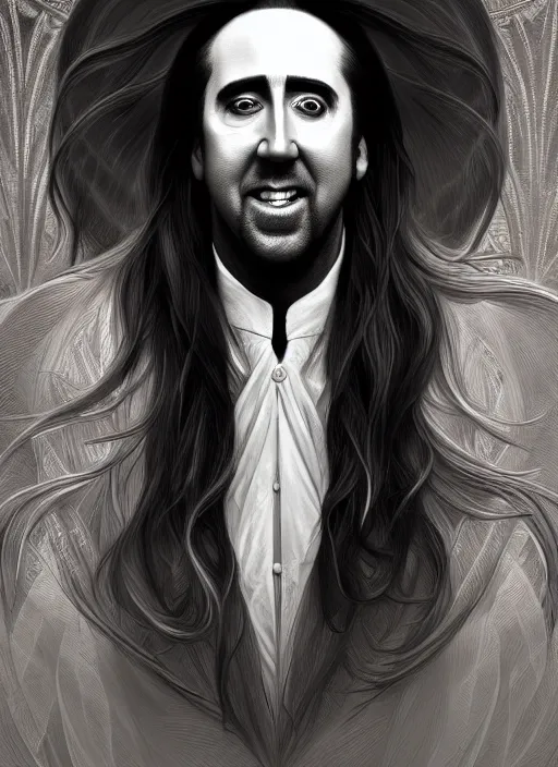 Image similar to symmetry!! portrait of nicolas cage, long hair in the wind, smile, happy, white vest, intricate, elegant, highly detailed, digital painting, artstation, concept art, smooth, sharp focus, illustration, art by artgerm and greg rutkowski and alphonse mucha