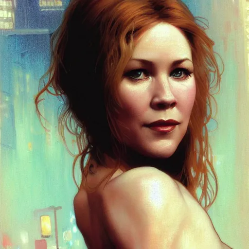 Image similar to young christina applegate, hyperrealistic full figure, bladerunner street alley, art of elysium by frank frazetta and by jeremy mann and by alphonse mucha, fantasy art, photo realistic, dynamic lighting, artstation, full figure poster, volumetric lighting, very detailed face, 4 k, award winning