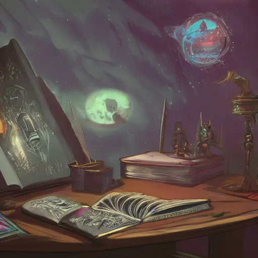 Image similar to concept art of a magic story book on a vintage desk. the space around it is dark. artstation, digital art, cutscene graphic, oil painting, fantasy