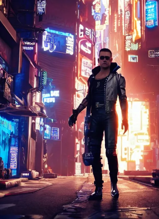 Prompt: film still of Rami Malek as Johnny Silverhand in Cyberpunk 2077, gameplay, 8k, HD