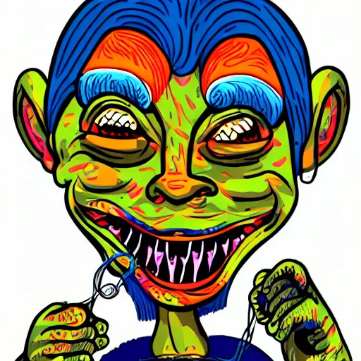 Prompt: psychedelic laughing demon, rocking out, headphones dj rave, digital artwork, r. crumb, svg vector