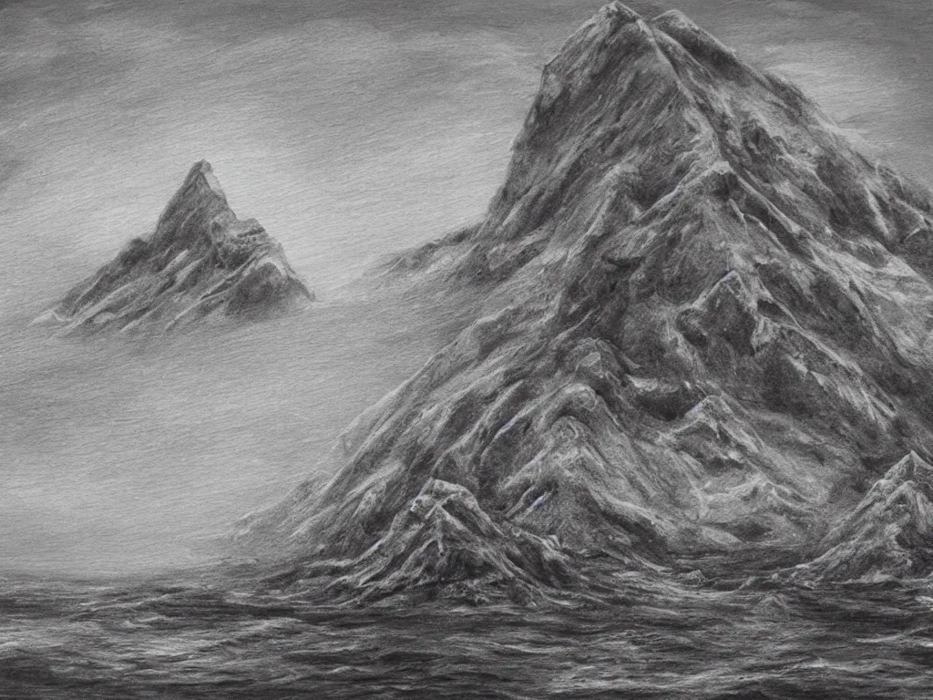 Prompt: two mountains standing on muscly legs wrestling with each other in the middle of the ocean, dramatic cross hatching, oil painting 3d rendering