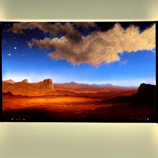 Image similar to matte painting oil impresionist mountainrange desert few clouds moonlight