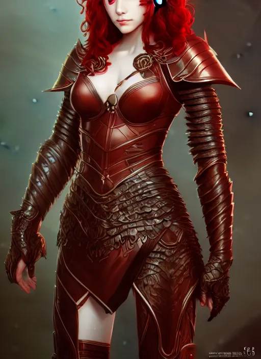 Image similar to leather armor beautiful and elegant curly red hair female elf gorgeous ayes character concept art, sharp focus, octane render! unreal engine 5! highly rendered!! trending on artstation!! detailed linework!! illustration by artgerm, wlop, and chie yoshii