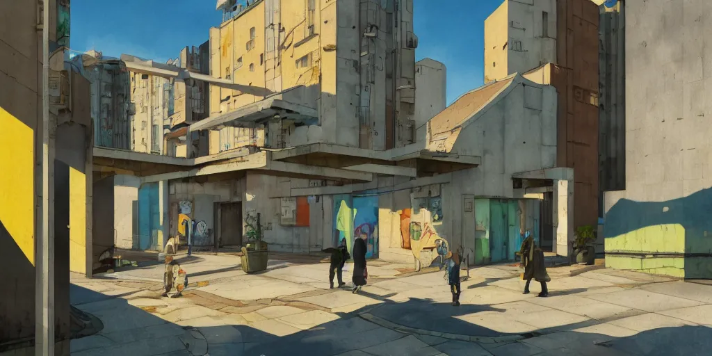 Image similar to neo brutralism, concrete housing, an archway, pathways, concept art, colorful, vivid colors, sunshine, light, shadows, reflections, oilpainting, cinematic, 3D, in the style of Akihiko Yoshida and Edward Hopper