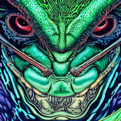 Image similar to portrait closeup of crazy pepetgte frog, symmetrical, cinematic colors, by yoichi hatakenaka, masamune shirow, josan gonzales and dan mumford, ayami kojima, takato yamamoto, barclay shaw, karol bak, yukito kishiro