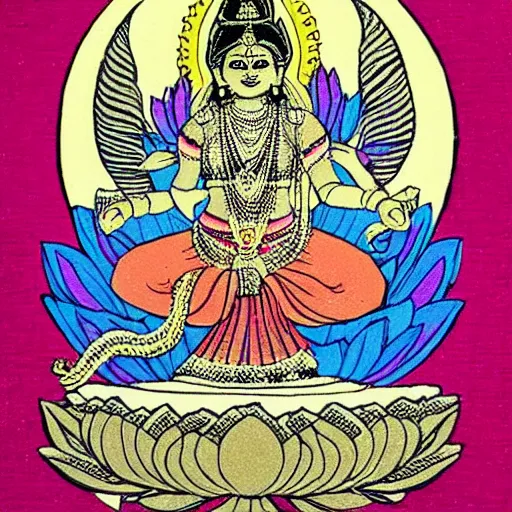 Image similar to indian goddess lakshmi with 4 arms, sitting on a lotus in a minimalistic style